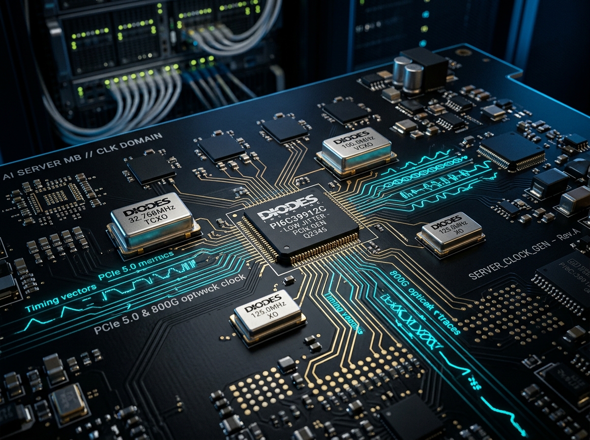 DIODES High Frequency Crystal Oscillators and Timing ICs on AI Server Motherboard